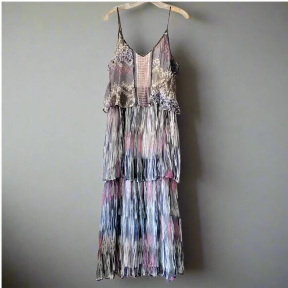 Anthropologie Floral Strappy Maxi Dress 2 Gray Pink Tiered Floral Boho Party - Picture 3 of 8